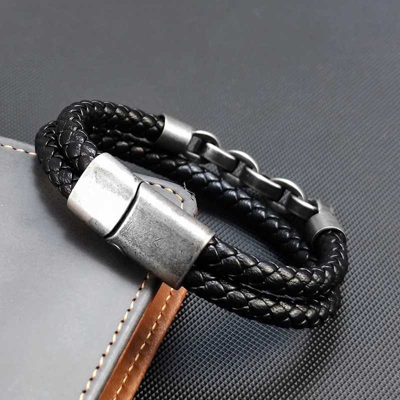 2025 Fashion Multi layered Stainless Steel Charm Viking Leather Bracelet Mens Woven Bracelet Punk Jewelry Homme AccessoriesC250411