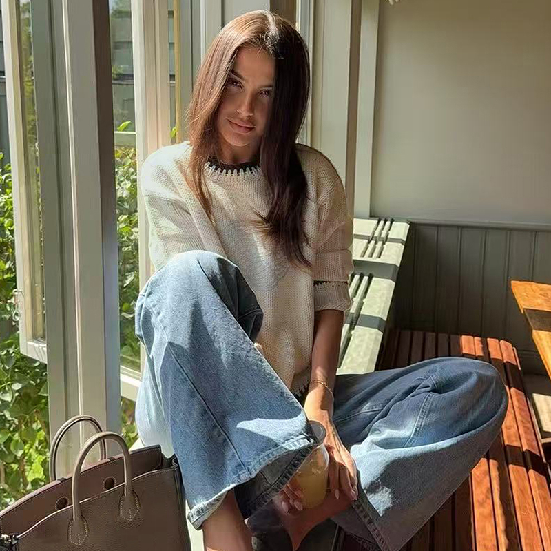 Women's color clashing texture embroidery pattern pullover sweater round neck long sleeve clashing fall and winter fashion top hot women's c