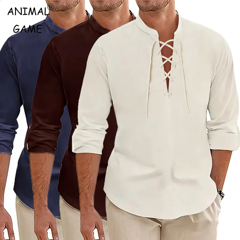Mens Casual Long Sleeved TShirt Autumn Medieval Vintage Cotton Linen Shirts Halloween Streetwear Breathable Lace-up Streetwear 250411