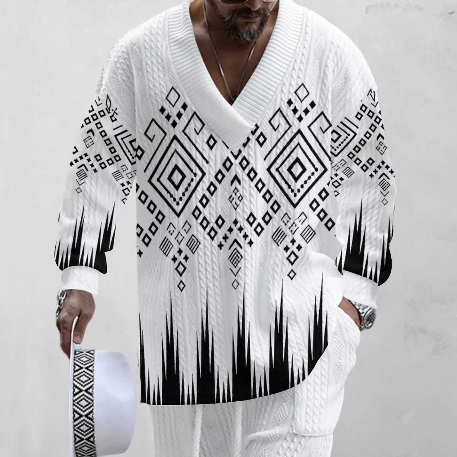 2024 new autumn mens loose casual sportswear high-quality jacquard V-neck long sleeved mens two-piece mens setXJ250412