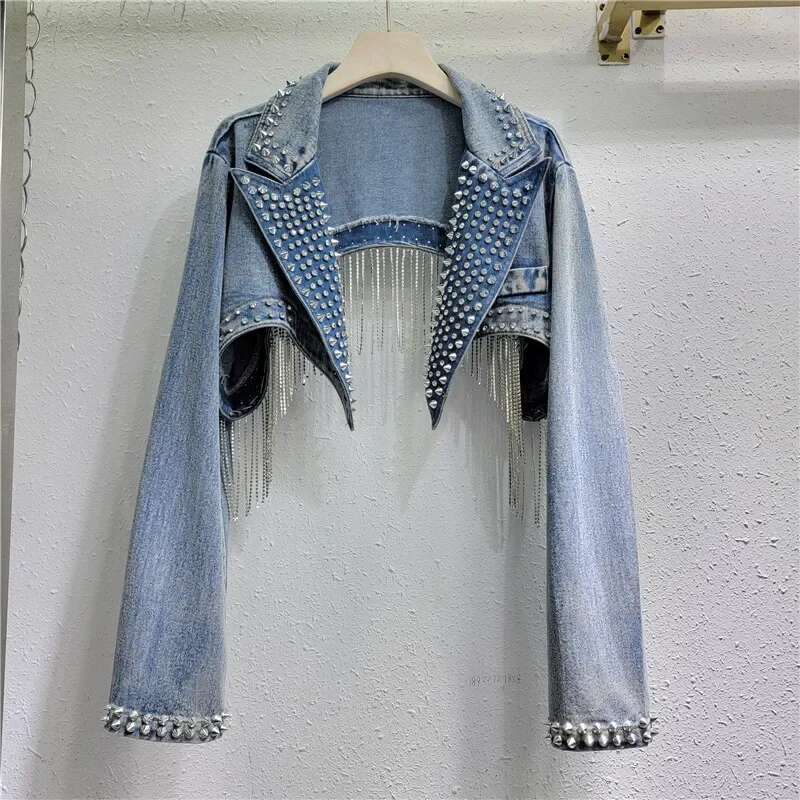 Rhie Beaded Tassels Rivets Denim Jacket Short Crystal Fringed Backless Jeans Coat Dias Cowboy Cardigan Sequins Tops