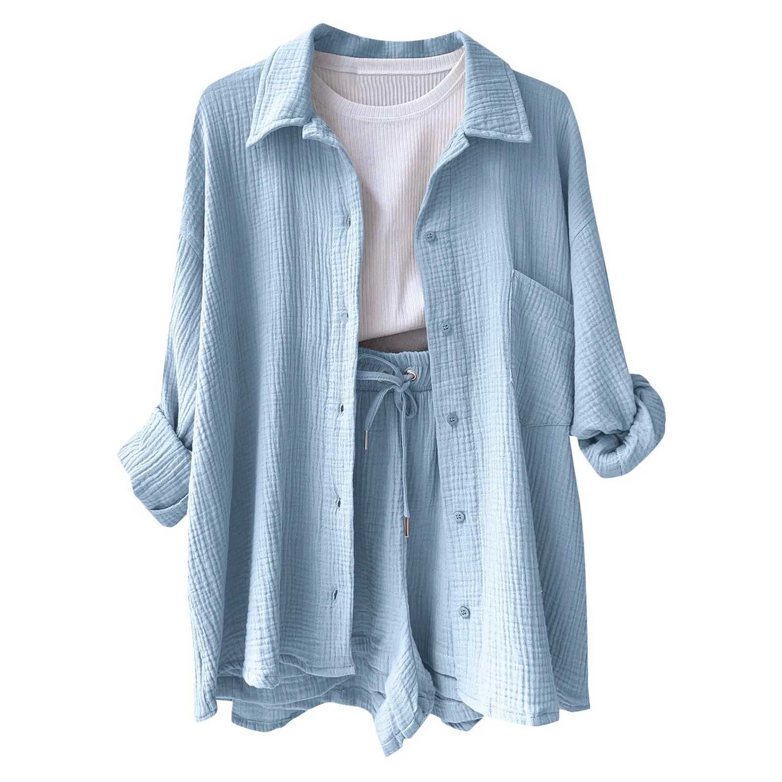 Summer womens set 2024 pleated shirt two-piece set solid color womens dress short sleeved set blue button setXJ250411