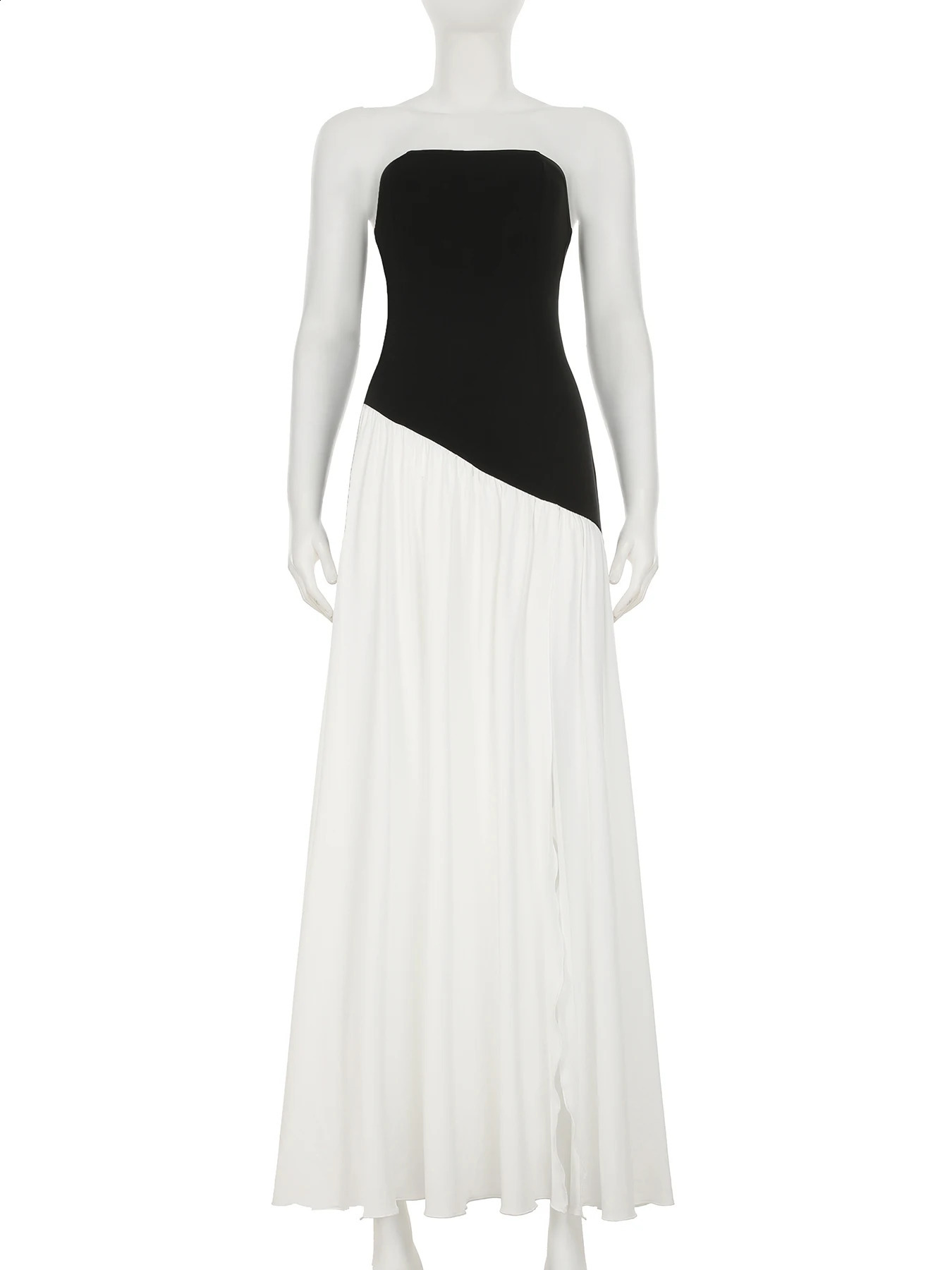 IAMSURE Elegant Fashion Slim Patchwork Split Tube Dress Holiday Sexy Slash Neck Sleeveless Maxi Dresses For Women 2025 Summer 250411