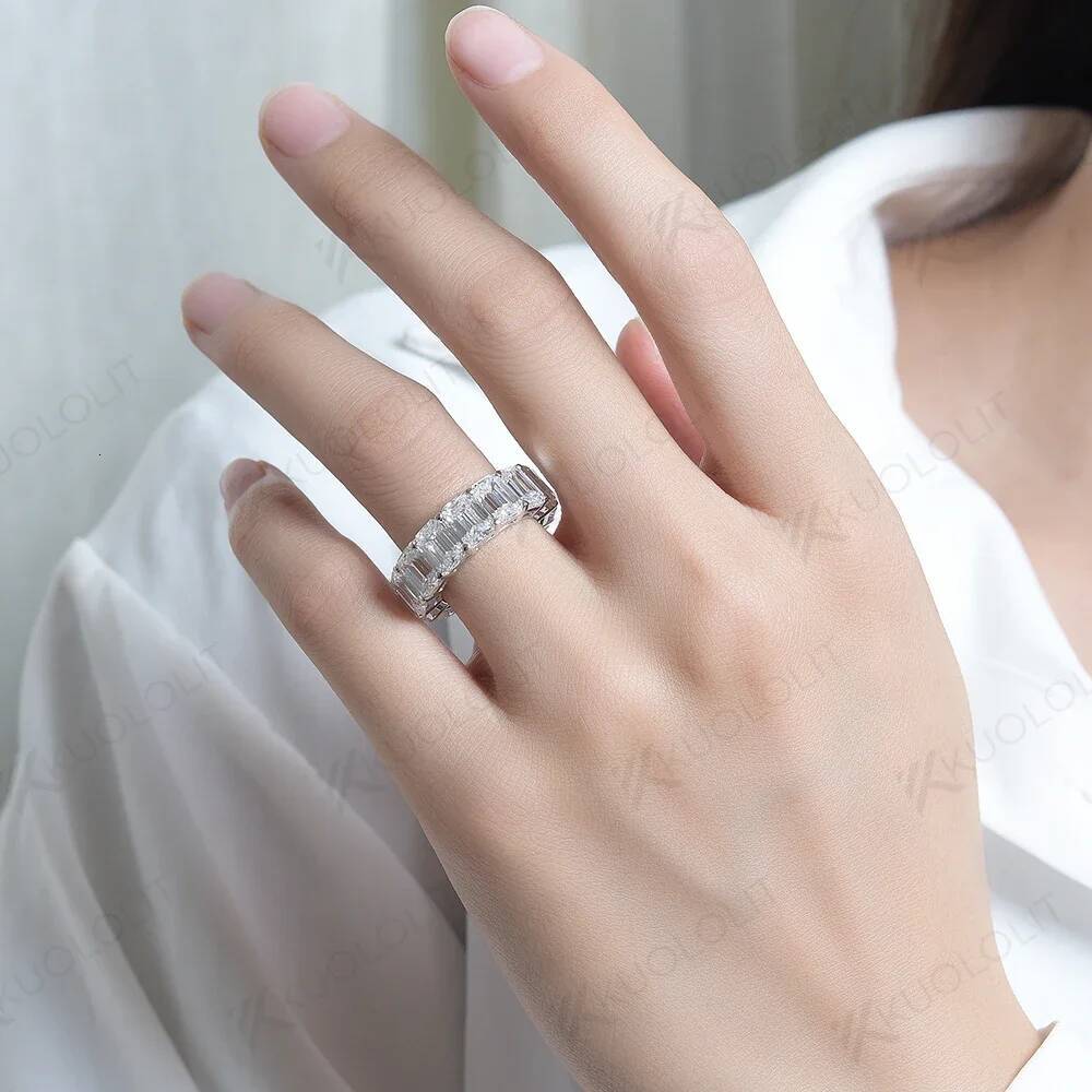 Kuololit 14CTW Emerald Cut Moissanite Ring for Women Solid 18K 14K 10K Gold Eternity Full Band for Engagement with Certification