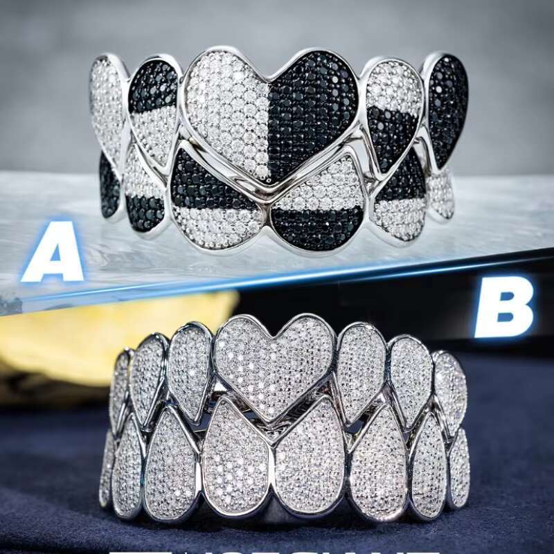 Hip Hop Custom Made Iced Out 925 Sterling Silver Grills VVS Moissanite Top 8 Bottom 8 Gold Moissanite Diamond Grillz
