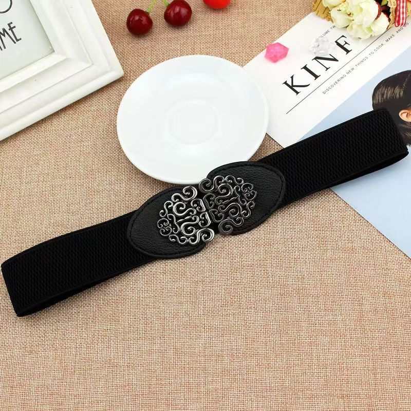 Elastic waistband, ladies' gun, black metal buckle, decorative belt, skirt, fit, versatile, elastic band, carved slim waist seal