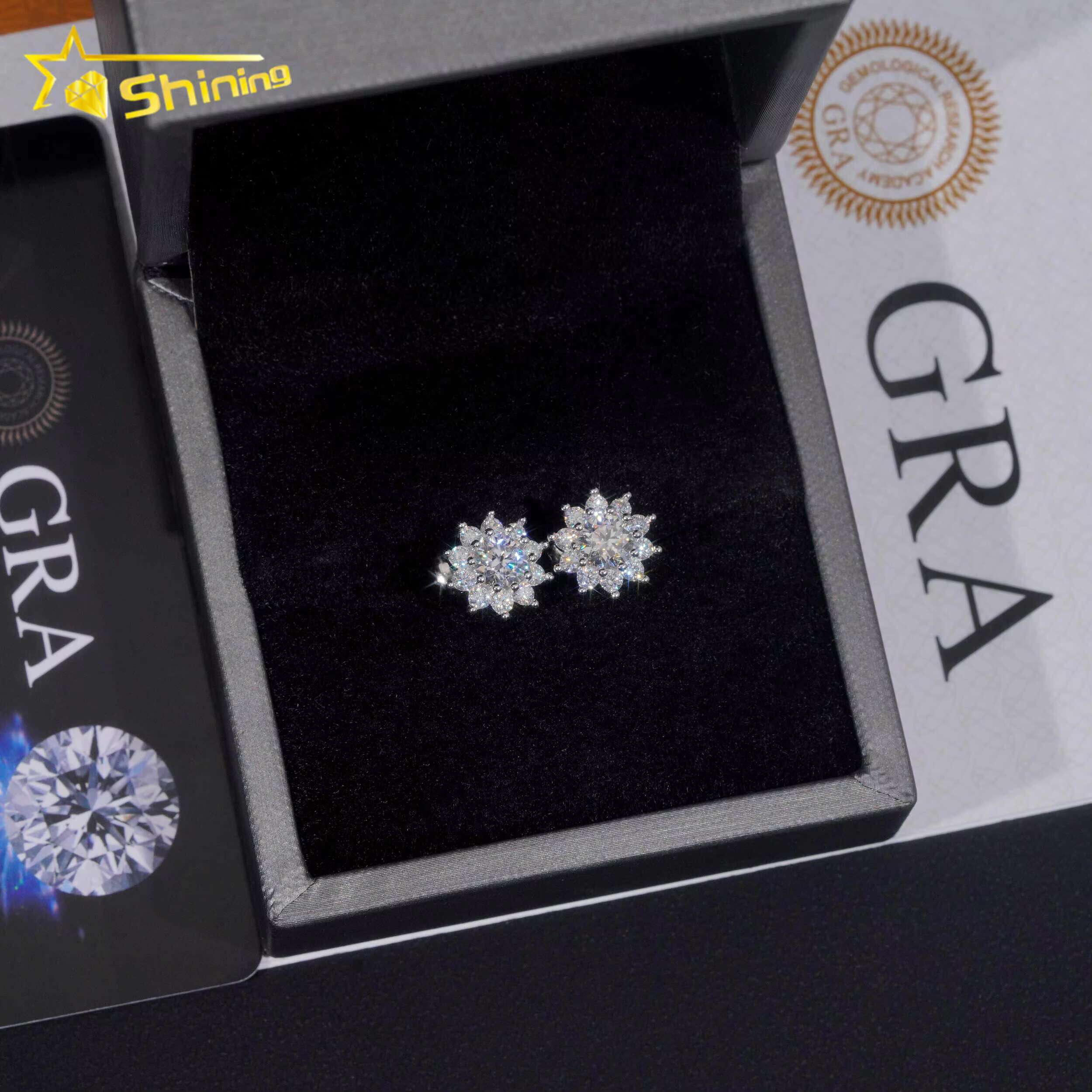 Fine Jewelry 925 Sterling Silver Screw Back Blue Green Moissanite Diamond Sunflower Hip Hop Stud Earrings