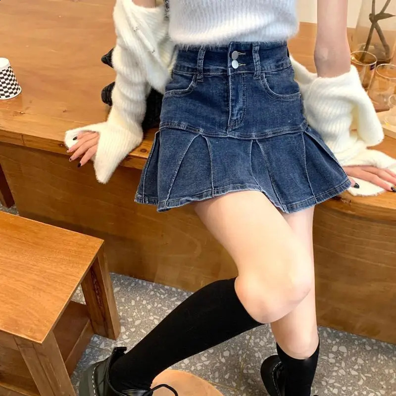 High-Waisted Denim Skirt Womens Pleated Retro Blue Skinny A-line Flanged Wrap Hip Skirt 250407