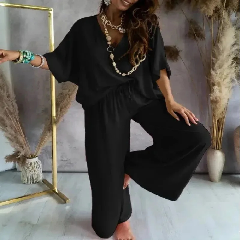 Summer Womens Fashion Casual V-neck Bat Sleeve Beach Style Short Sleeve Set with Strap Hip Hop Street Two Piece Set 250411