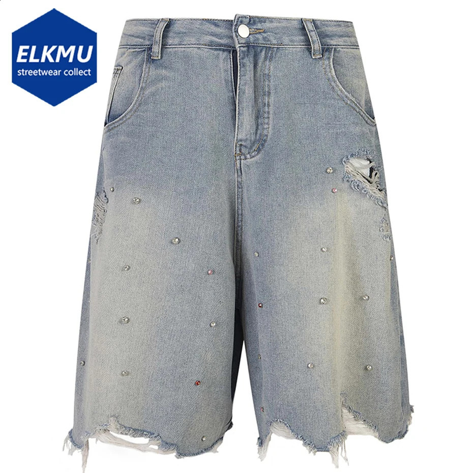 Rhinestone Denim Shorts Men Streetwear Harajuku Vintage Blue Ripped Jeans Shorts Casual Loose Shorts 250411