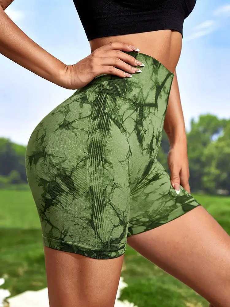 Tie dye hip enhancement sexy gym shorts womens tight elastic high waisted sports shorts casual seamless yoga pants Y250412