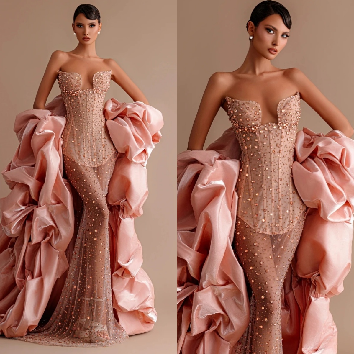 Luxury Crystal Evening Dresses Strapless Prom Gowns with Train Rhinestone Beading See Through Customized Formal Occasion Party Dress Vestidos de noche