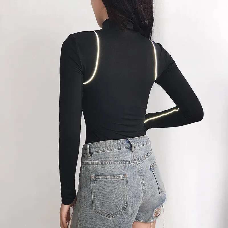 Black High-Neck Reflective Zipper One-Piece Tops Women's Tight Bottoming Sexy Body T-Shirt Long Sleeve Bodysuit Women