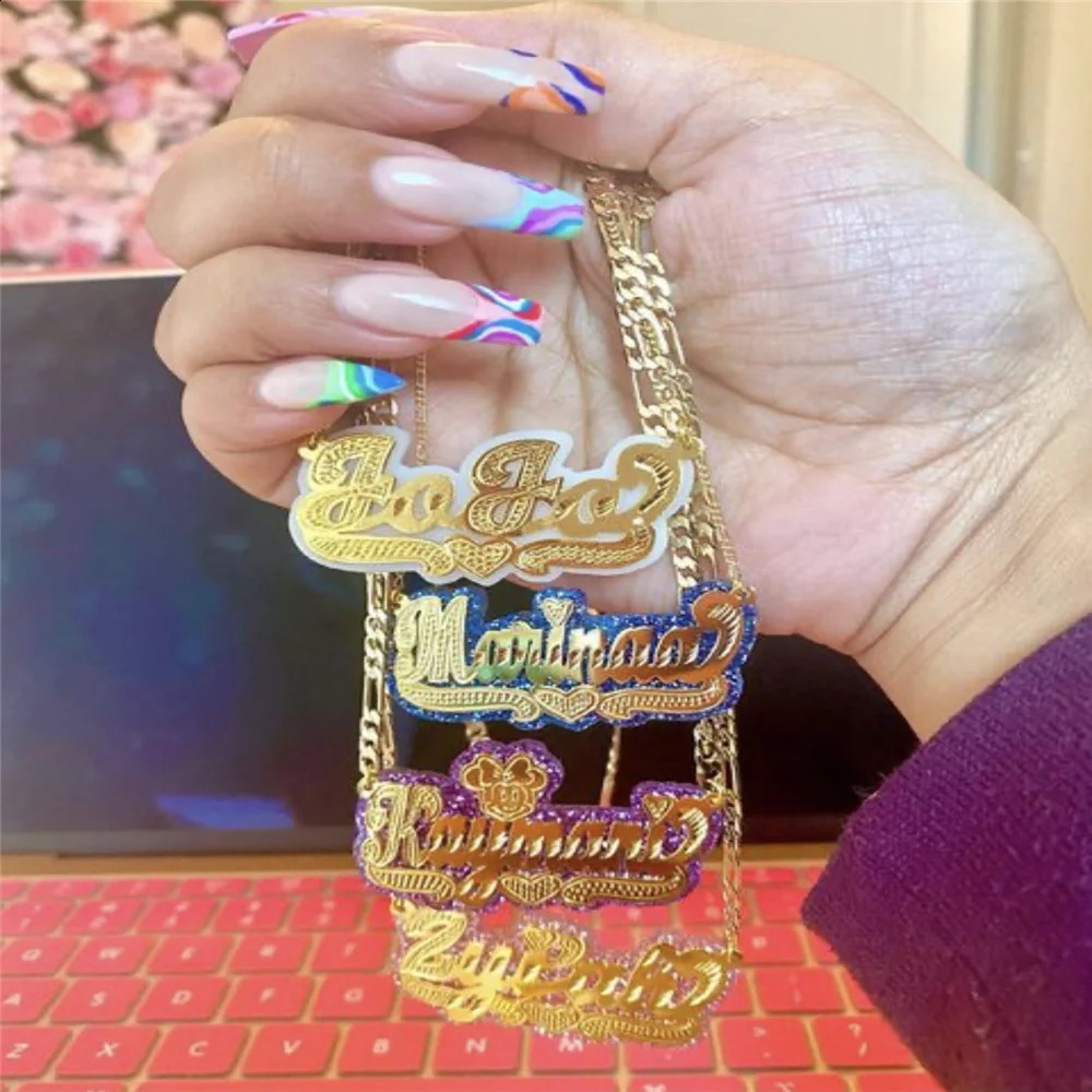 Double layered name necklace two tone custom letters cartoon character pendant hiphop womens used for gifts 250410
