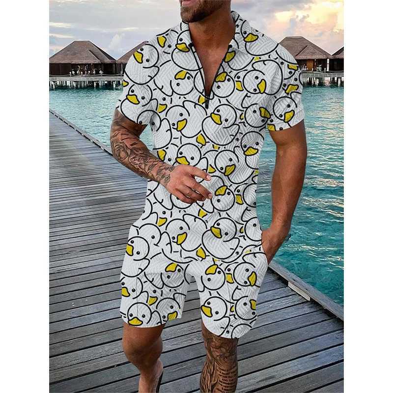 Summer mens track and field suit duck panda 3D printed short sleeved zipper polo shirt short sleeved set 2-piece mens oversized streetwear setXJ250412