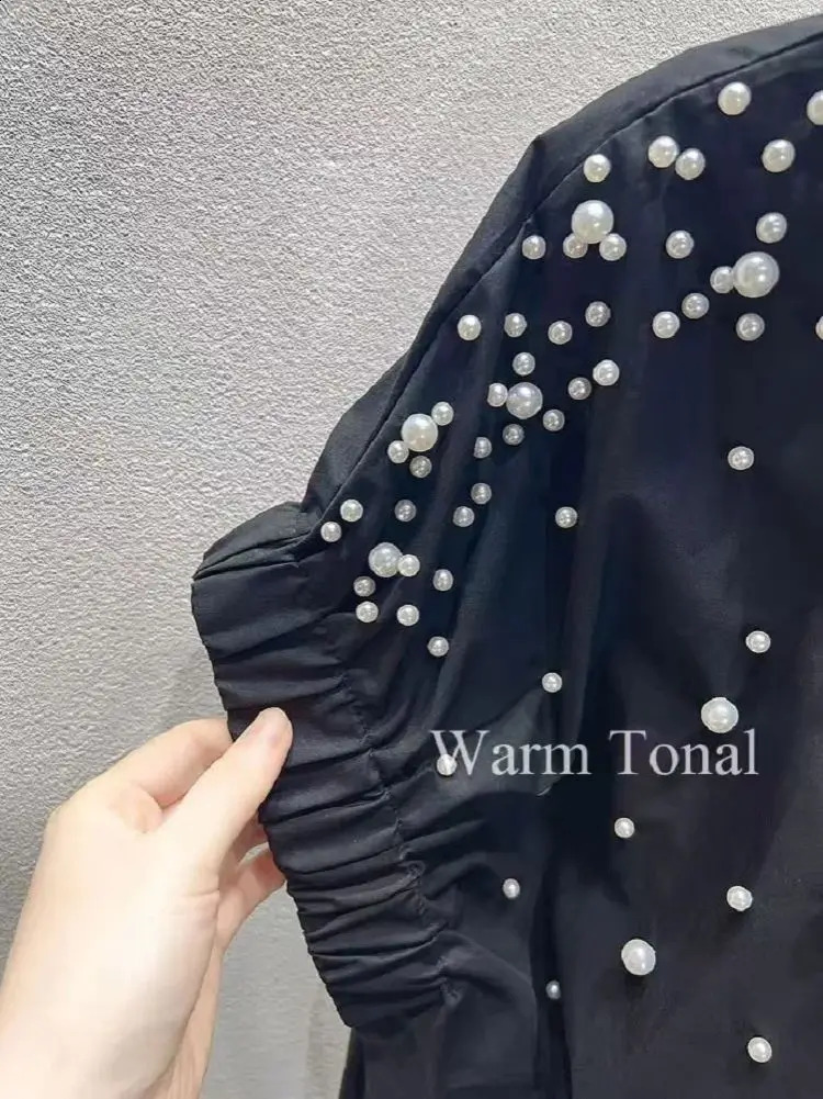High-end Pears Beads Stitch Loose Casual Black Cotton Shirts Blouses For Women 2025 Summer Short Sleeve Mid-length Tops Clothes 250411