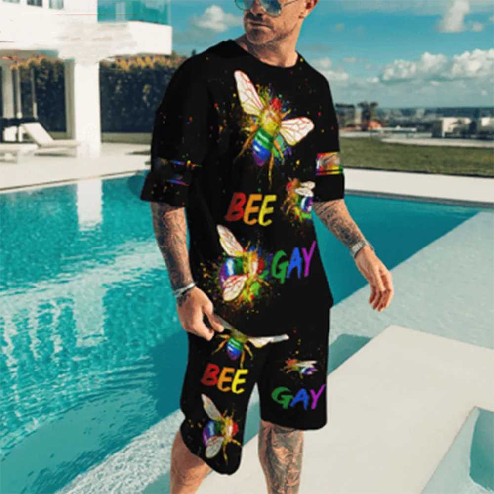 Mens sportswear T-shirt 2PK set pants closed style summer 3D printed animal short sleeved set streetXJ250412