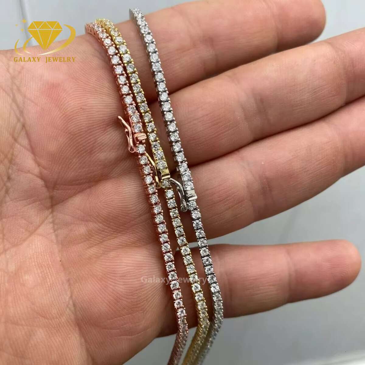 Trendy Iced Out Moissanite Diamond 2mm Rose Gold Plated 925 Silver Tennis Chain Moissanite Jewelry Women Hiphop Tennis Necklace