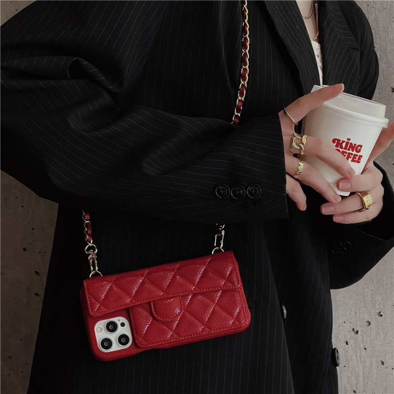 Designer luxury diamond pattern is suitable for 16Promax iPhone 17 phone cases iPhone15 card slots 14 13 leather lanyard hard cases stylish classic crossbody