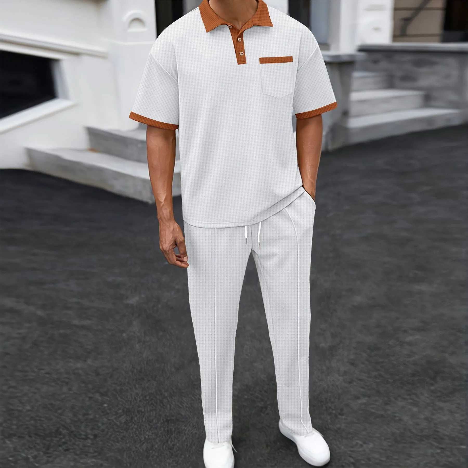 2025 Summer Mens Solid Color Waffle Neck Casual Pocket Polo Short Sleeve Pants SetXJ250412