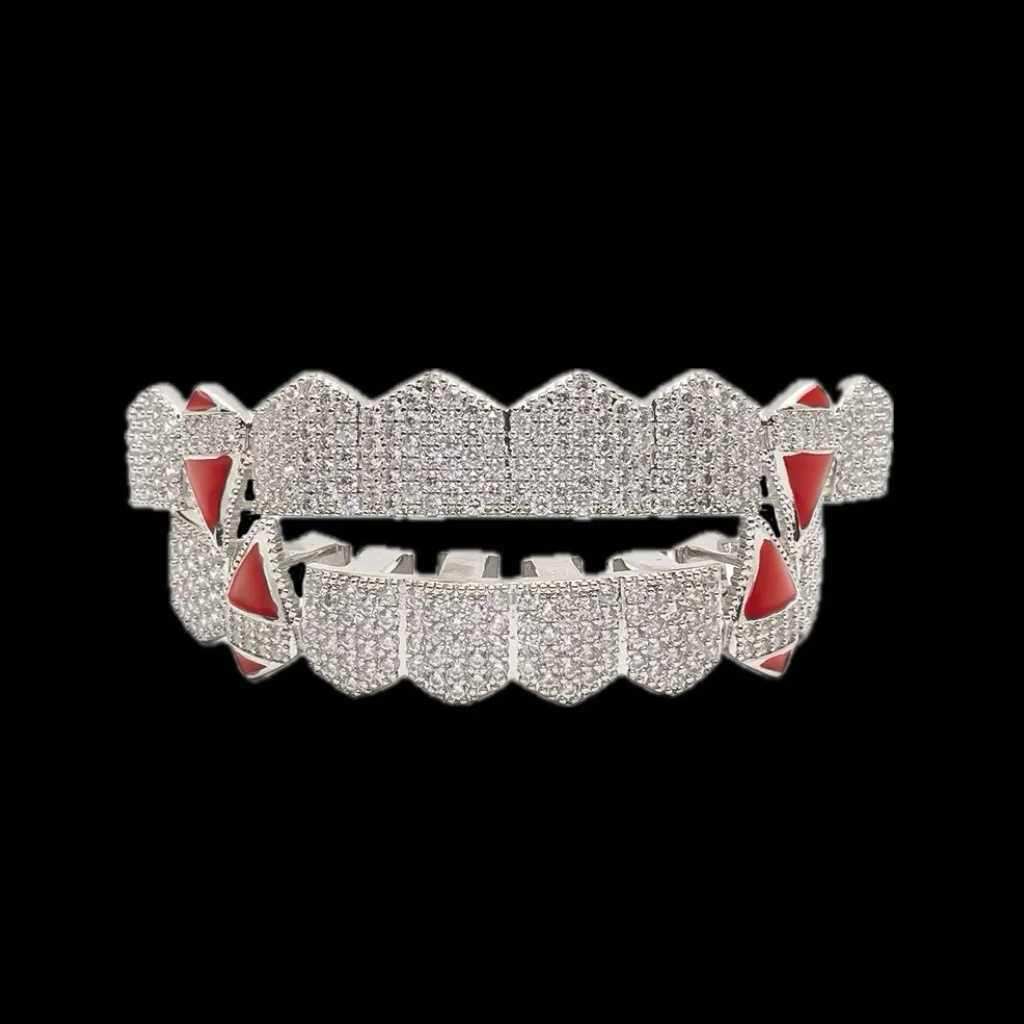 YONGX Hip Hop Full CZ Stone Teeth Grillz Vampire Square Punk Zircon Teeth Hat Womens Jewelry Halloween Role Playing Gift W250412