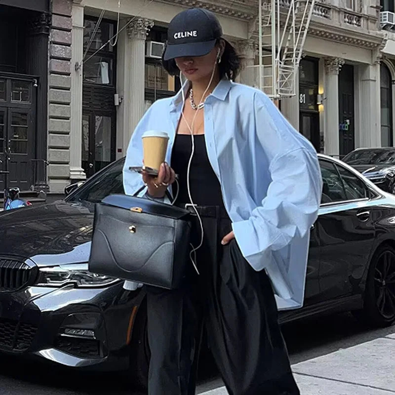 TRAF Women Shirts Blouses Spring Summer 2025 Blue Oversized Shirt Button Up Long Sleeve Blouses Chic Casual Tops Shirts 250411