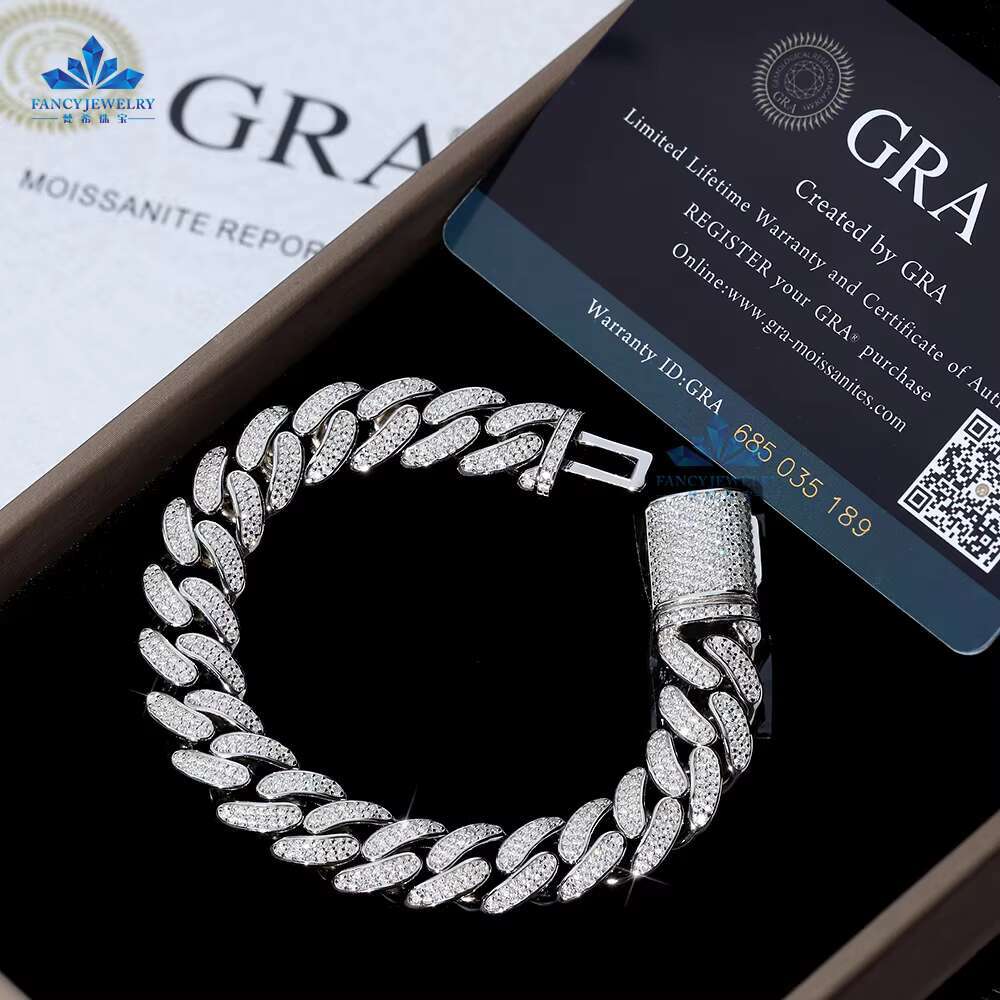 Miami Cuban Chain Iced Out Moissanite Bracelet Hip Hop Jewelry 925 Silver for Men Gift Box Womens Charm Bracelets Cuban Link