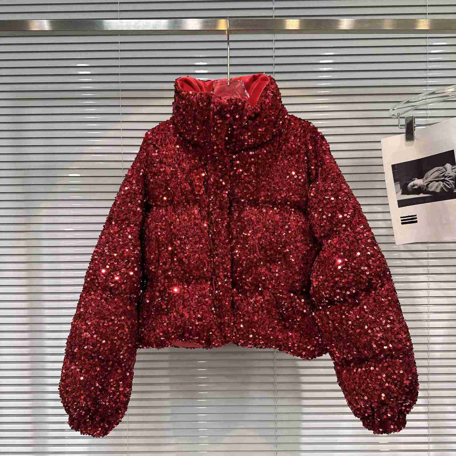 French Fashion Elegant Heavy Industry Colorful Sequin Stand Collar Thickened Warm Down Coats Women Winter Puffer Short Jackets Z251106