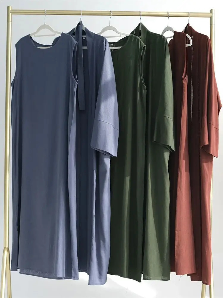 Eid al Fitr Summer Cotton Linen Kimono Coat Dubai Open Abaya Muslim Womens Set Retro Kaftan Humble Dress Islamic Clothing Ka 250411