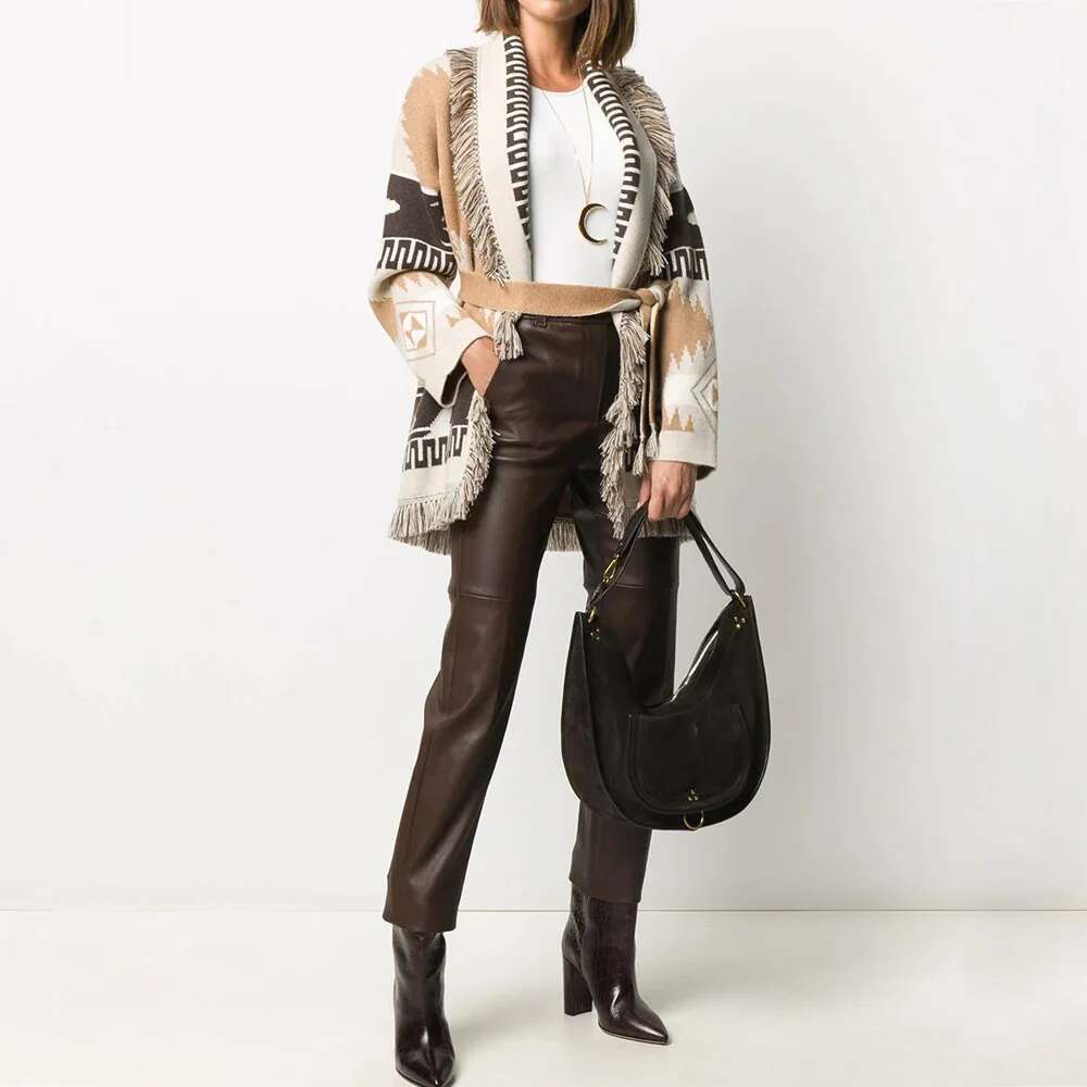 WQJGR Winter Cardigan Sweater Women Wool Kniited Tassel Colorful Print Loose Full Sleeve High Quality Sweaters Female Coat