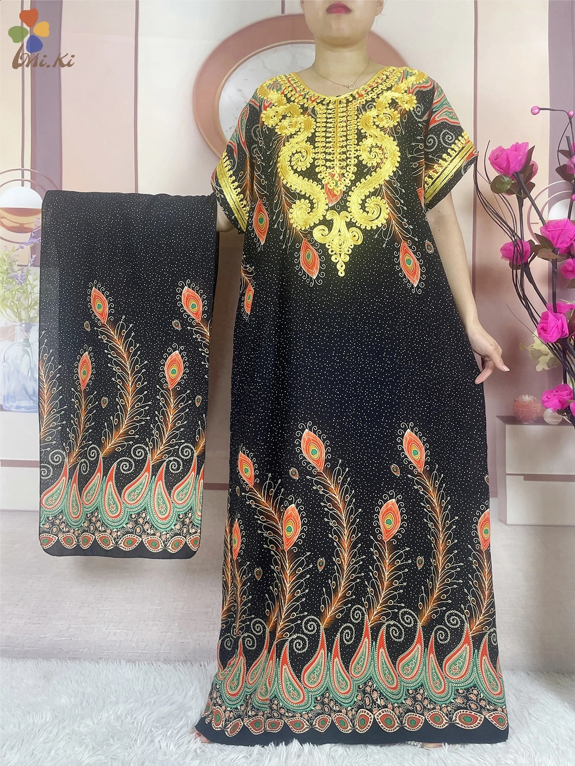 High quality African Abaya womens party dress cotton y printed loose floral fabric Maxi Islamic short sleeved clothing 250411