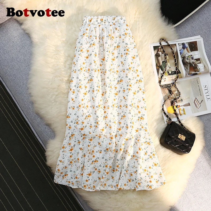Botvotee Trumpet Chiffon Floral Print Skirts for Women High Waisted Elegant Side Split Ruffles Long Skirt Office Midi Skort 250407
