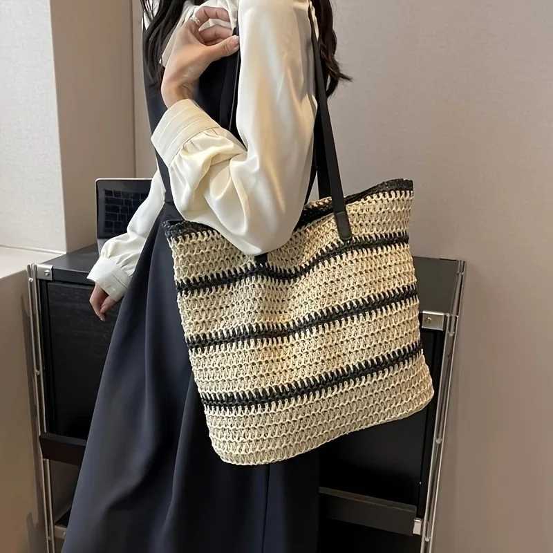 1 Bohemian striped woven handbag Str handbag large capacity can be fixed shoulder bag travel beach bagXJ250412