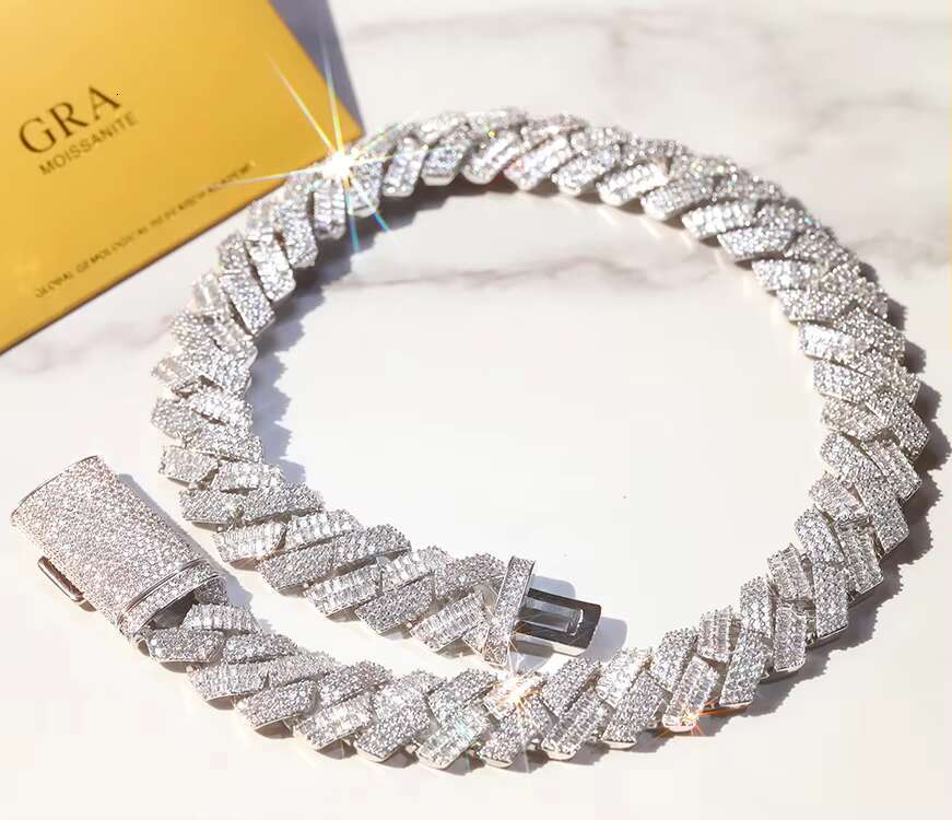 Yu Ying New Design Mixed Baguette and Round Moissanite Cuban Chain 925 Silver Necklace Hip Hop Cuban Link Chain Jewelry