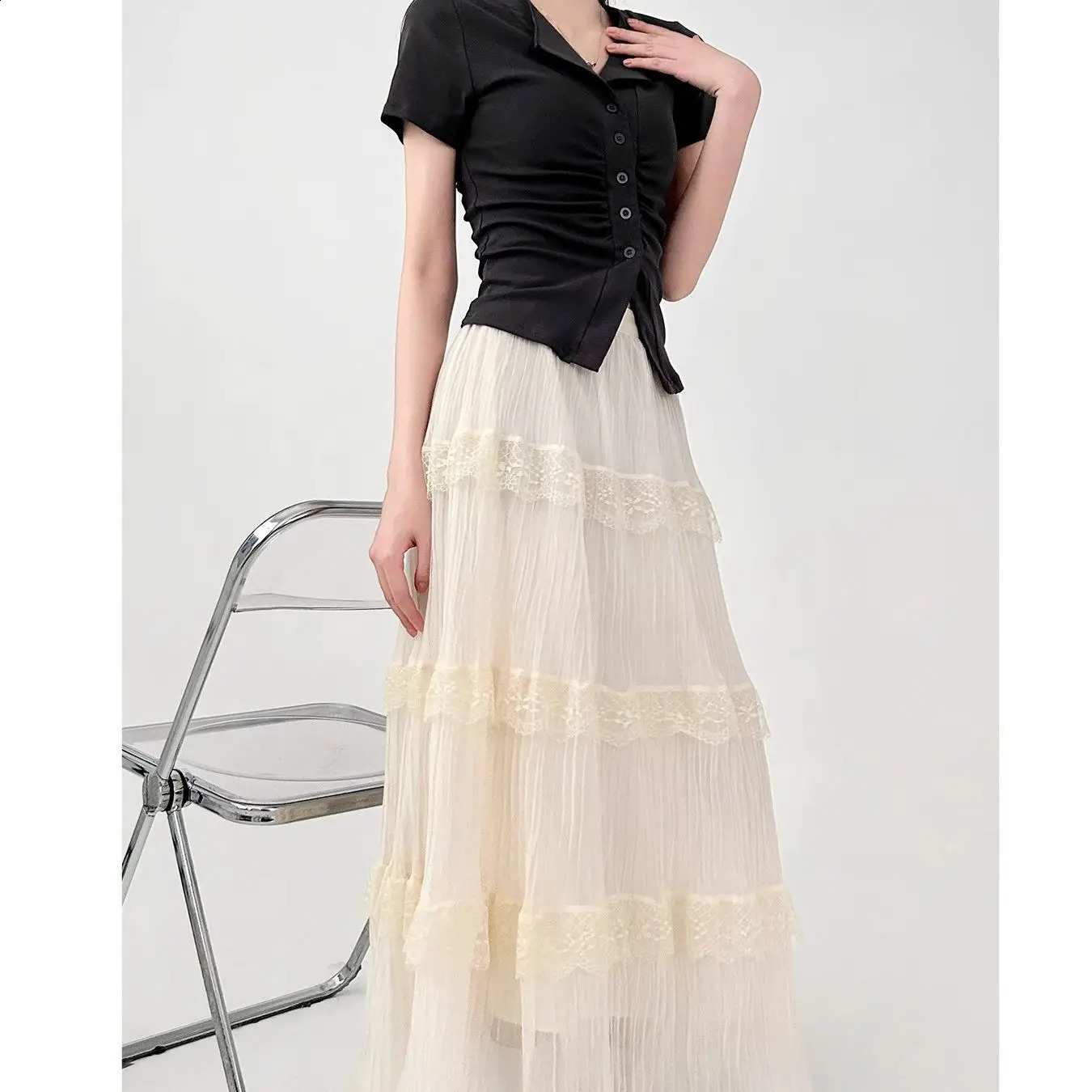 French Apricot Cake Skirt for Women Lace A-line Skirt Mid-length Skirt Slightly Fat Long Skirt 250411