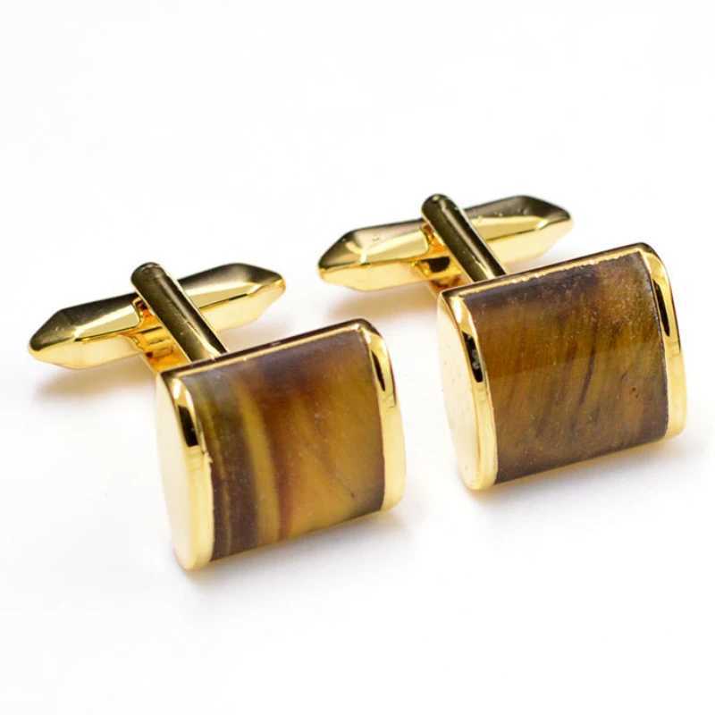 New Tiger Eye Stone Yellow Cufflinks Mens Business Party Shirt with Metal Button Cufflinks Friends Birthday GiftT250412