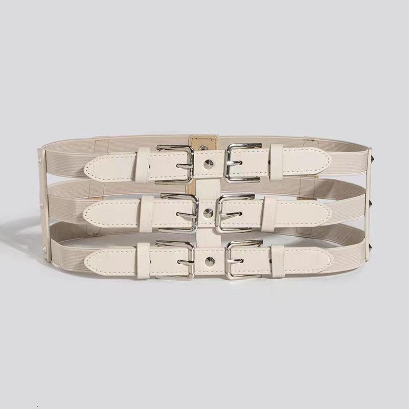 Wide new elastic hollow waistband, fashionable versatile, with three rows of buttons and adjustable splicing