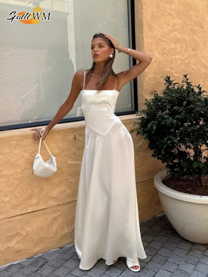 Elegant solid satin pleated camisole long dress for women sexy square collar sleeveless lace top dress fashionable womens party dress 250408