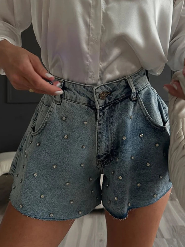 Women Diamonds Wide Leg Denim Shorts Vintage High Waist Short Jeans 2025 Summer Street Slim Basic Short Pants Trousers 250411