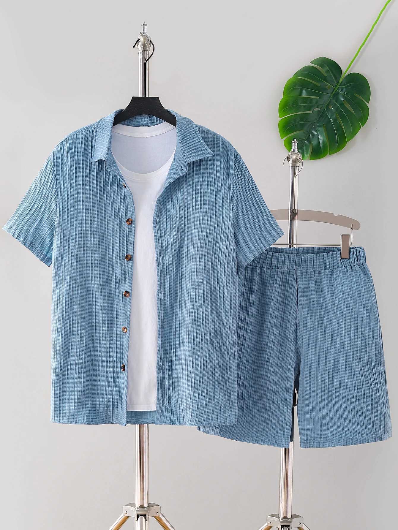 New adult summer open chest button short sleeved+loose shorts casual setXJ250412