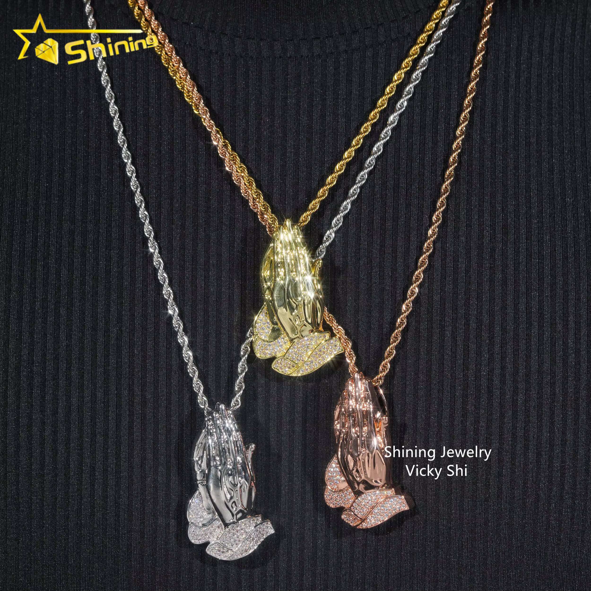 Hop Hip Moissanite Jewelry 925 Sterling Silver Gold Plated VVS Moissanite Praying Hand Pendant Men Iced Out Pendant Jewelry