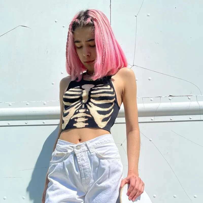 Summer Tops Women Punk Vintage Cosmic Skeleton Printing Tank Black Goth Clothes Haruku O-Neck Short Sleeve Crop Top T Shirt