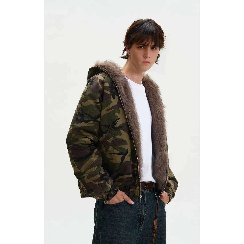 American Retro Old Camouflage Parkas Loose Thickened Warm Fur Collar Hooded Jacket