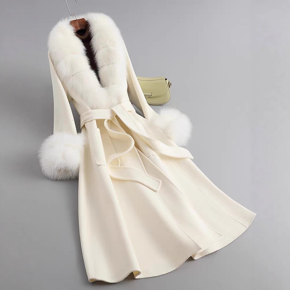 Fashionable womens winter handmade double-sided 100% wool red real fox fur collar long warm womens wool coat 241205