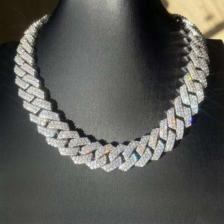20mm 2-Row Cuban Chain in Silver VVS Moissanite With Passed Diamond Test Hip-hop Necklaces Gift Main Material Gold Pearl Stone