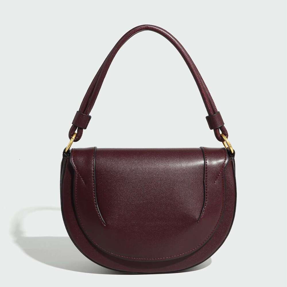 Spring New Product: Women's Wine Red Saddle Bag, Color Contrasting Thread Cutting Decoration, Handheld Single Cross Shoulder Flip Hard Bag