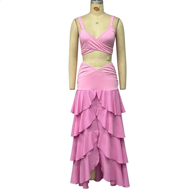 Wefads Women 2 Piece Set Summer Elegant Solid Sleeveless V Neck Hollow Out Backless Tank Top Layered Pleated Long Skirt Sets 250411