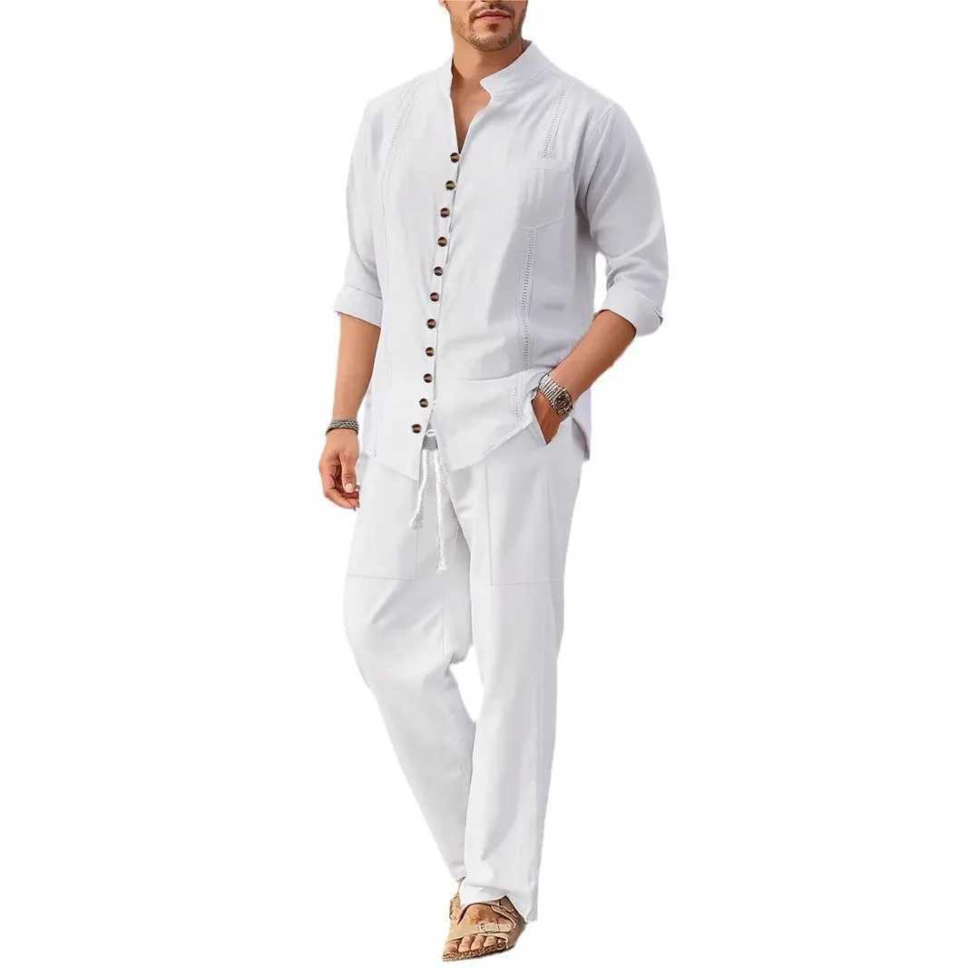 2025 Spring/Summer New European and American Mens 100% Cotton Casual Loose Long Sleeve Mens Beach SetXJ250412