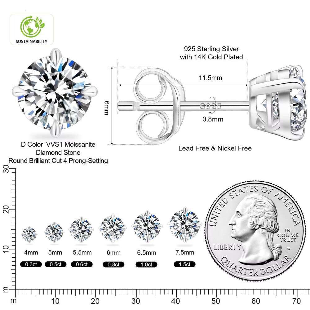 1CT 2CT 3CT Classic 4 Prong Moissanite Earrings Jewelry 14K White Gold Vermeil Sier VVS Lab Created Dia Stud for Women