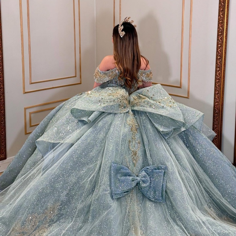 Blue Shiny Quinceanera Dresses Off Shoulder Ball Gown Sweet 16 Dress Applique Beading Crystal Tull Birthday Party Vestidos 15 De Anos